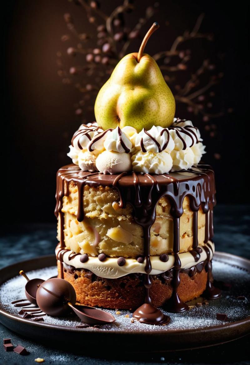 21390-448226917-pear cake, ice cream, chocolate, intricate detail , dark background , HD, 8k, Photography,.jpg